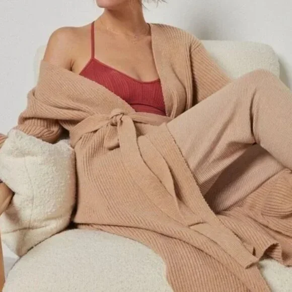 Amadi Anthropologie Women’s Alma Cozy Cardigan Ribbed Belted Brown - Picture 3 of 11